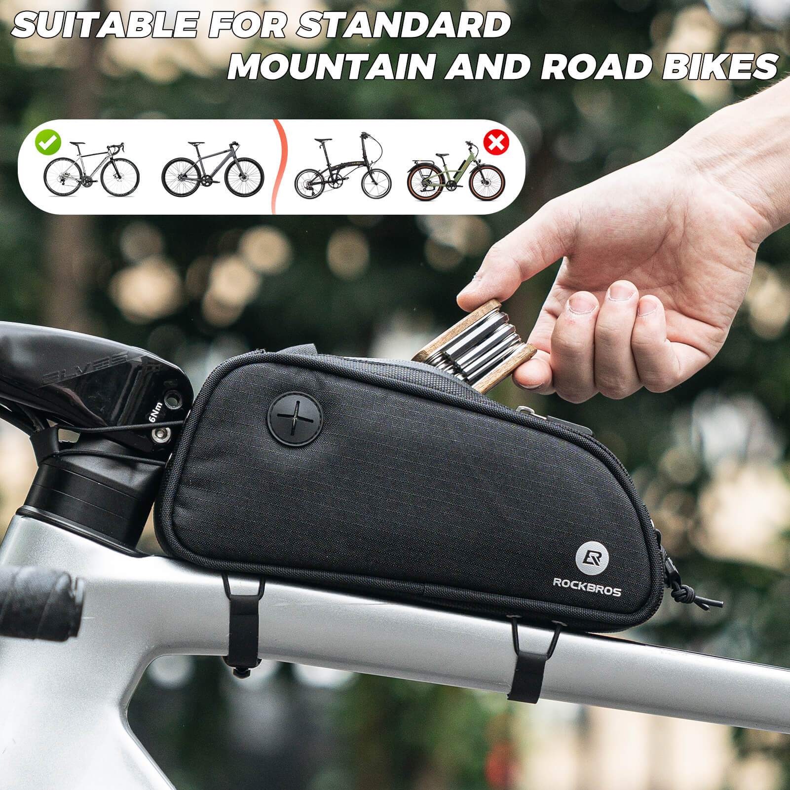 rockbros 1.3L bike top tube bag mounted on bicycle frame.