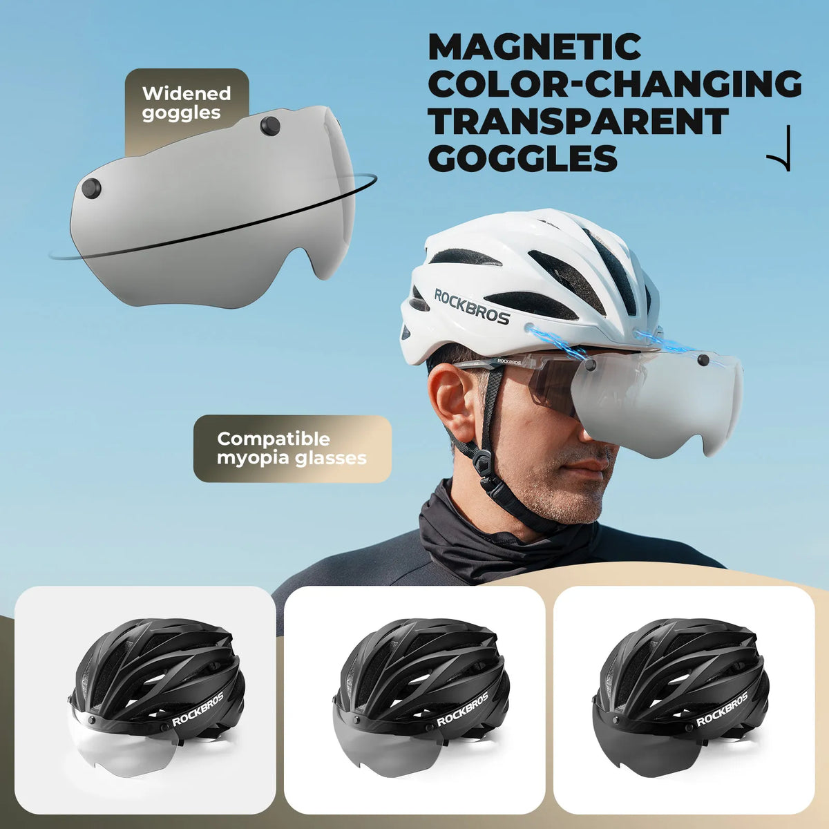 White and black color options of ROCKBROS Trail bicycle helmet.
#options_Black + Photochromic lenses