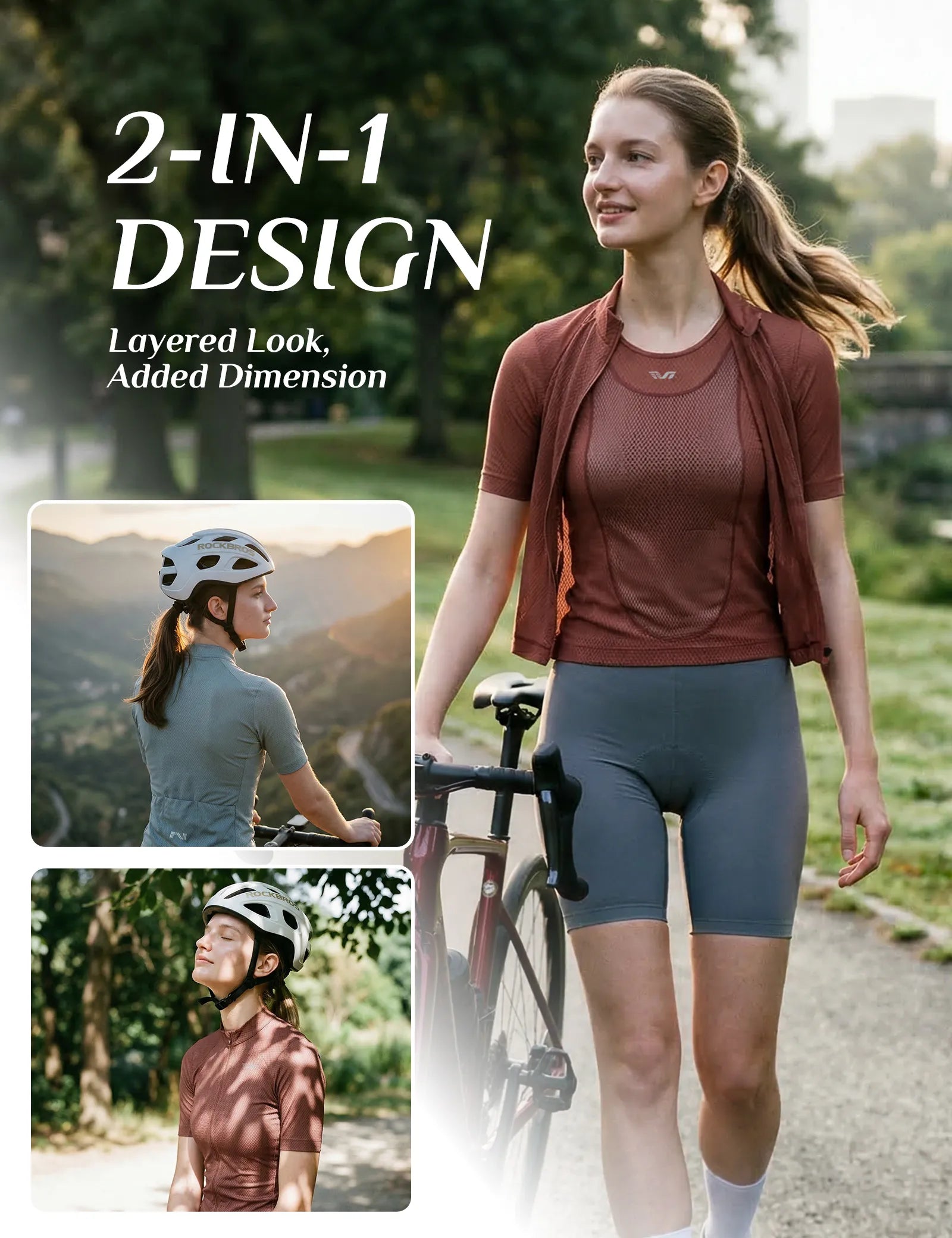 ROCKBROS TVI women's 2-in-1 layered short sleeve cycling jersey in front view
#color_Black Red