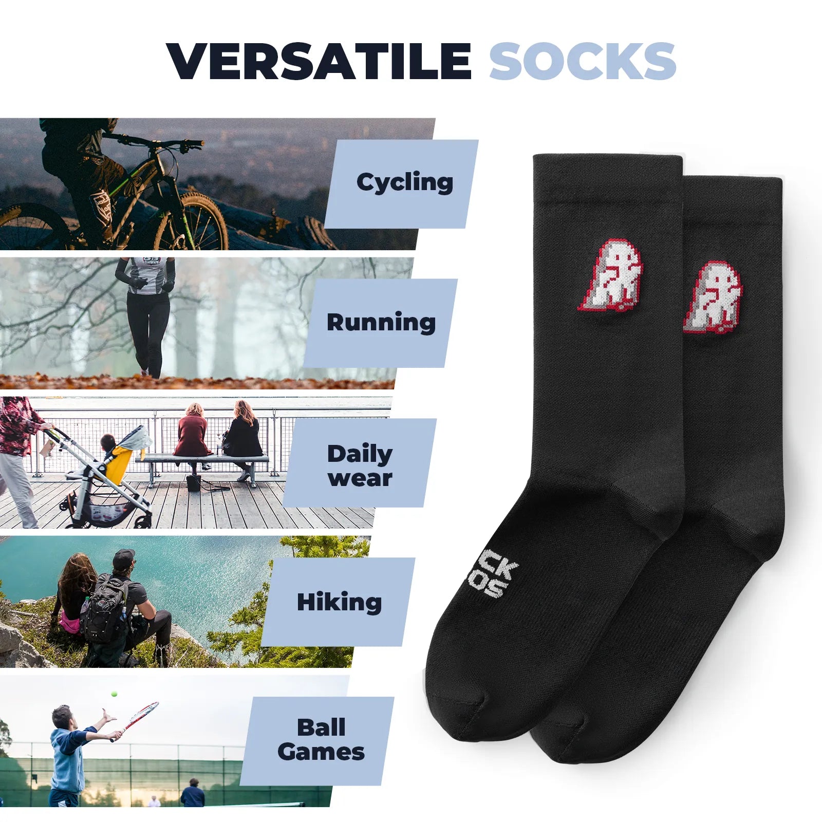 Side view of ROCKBROS black and white ghost print breathable mesh cycling socks on feet.
#color_black