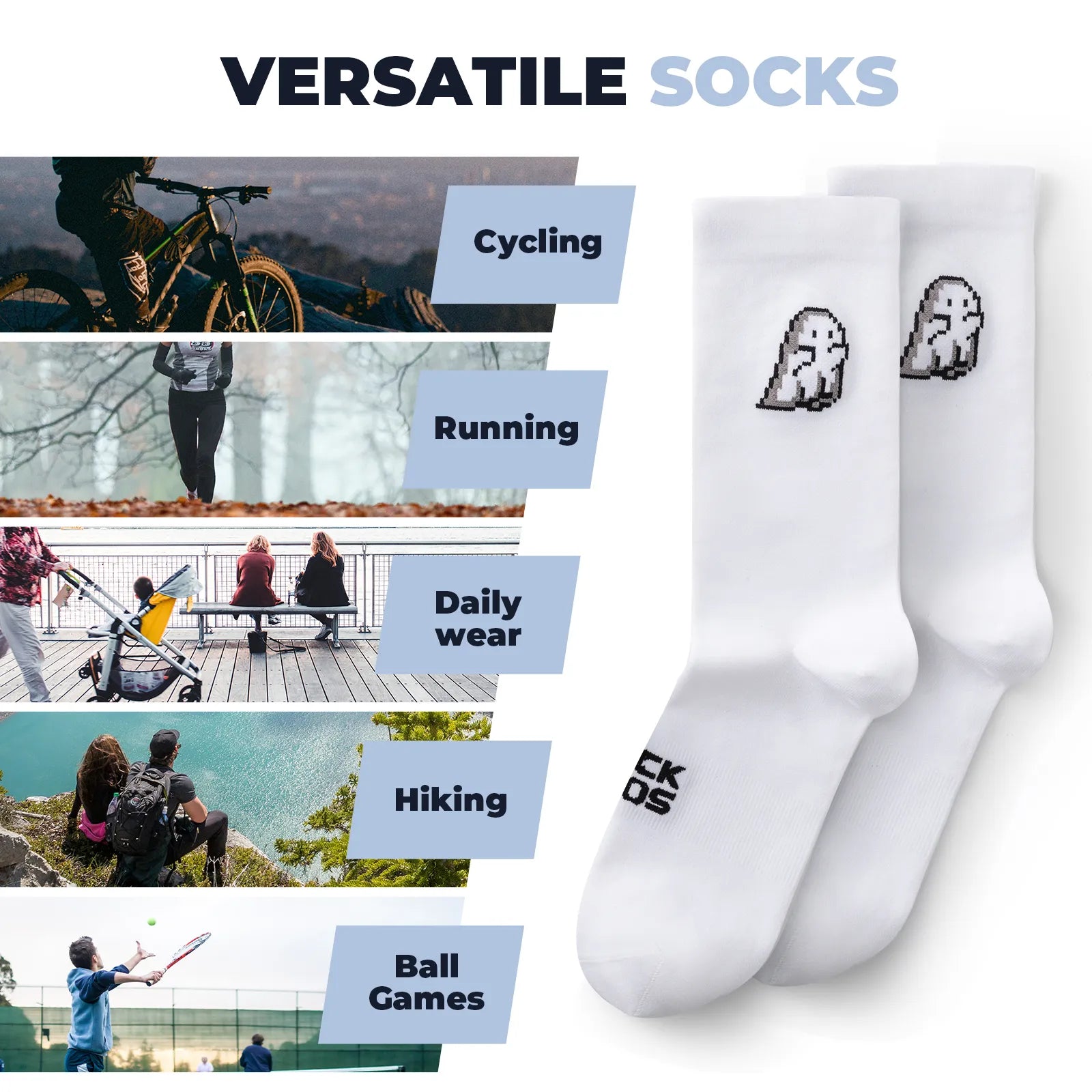 Side view of ROCKBROS black and white ghost print breathable mesh cycling socks on feet.
#color_white