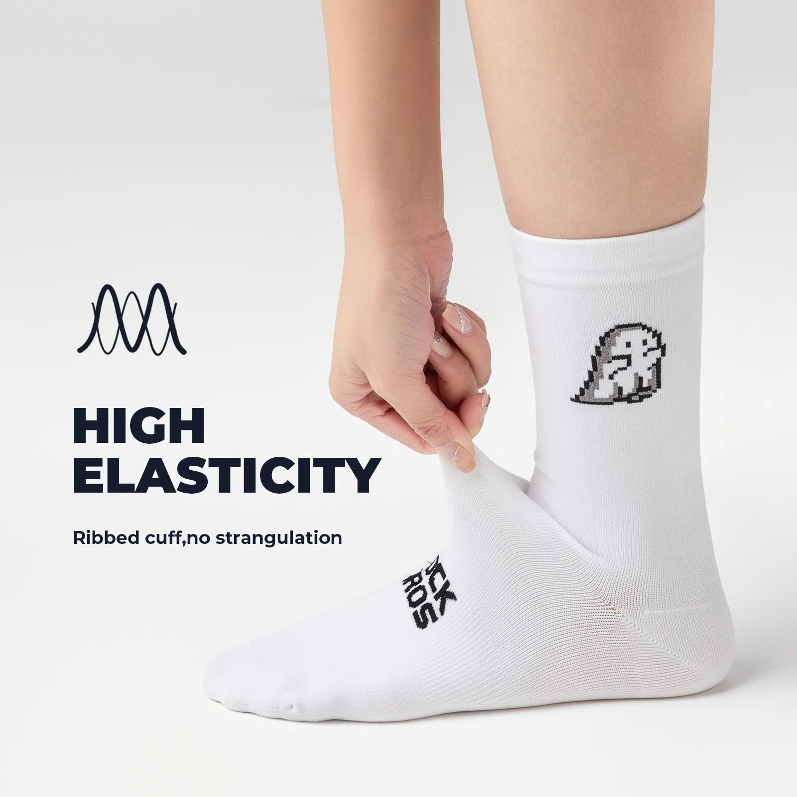 Side view of ROCKBROS black and white ghost print breathable mesh cycling socks on feet.
#color_white