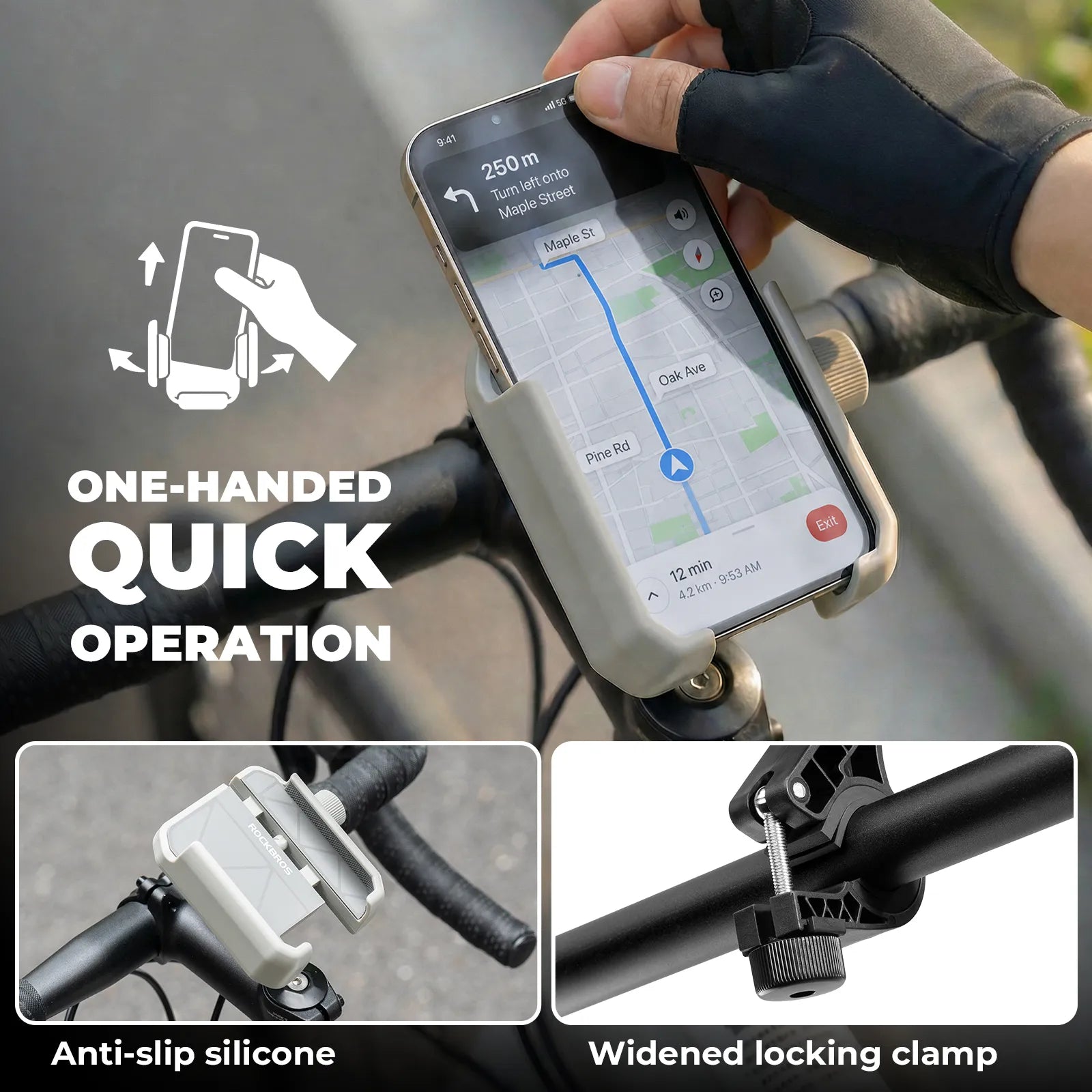 Rockbros universal bike phone holder with secure half-wrap design for 4.7 to 7.2 inch smartphones
#color_white