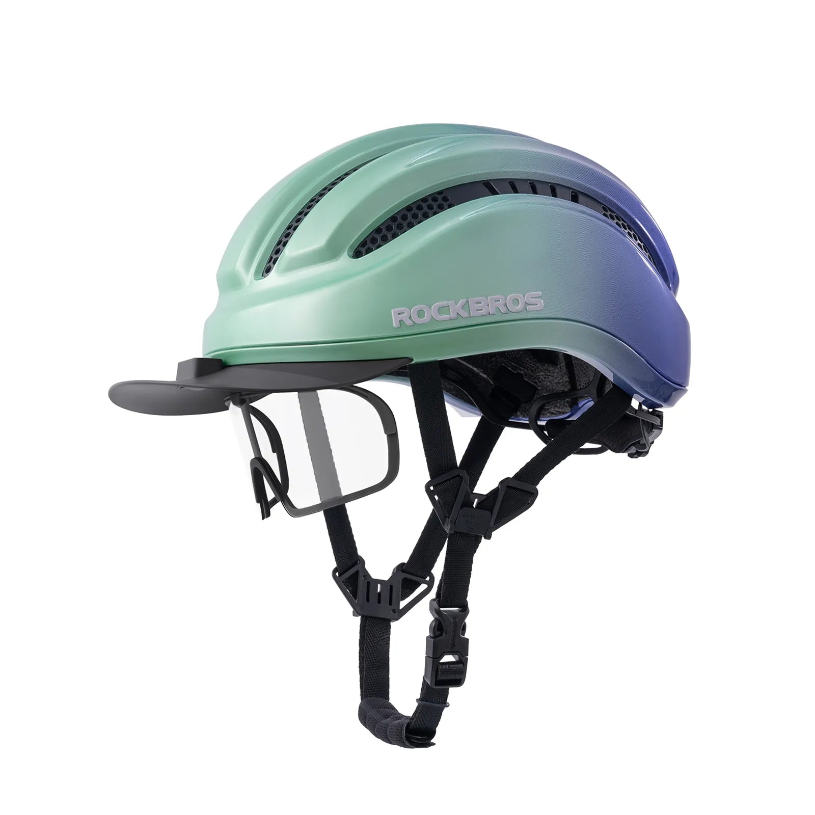 ROCKBROS urban cycling helmet with brim protection 54–60cm for commuter riding.
#color_green