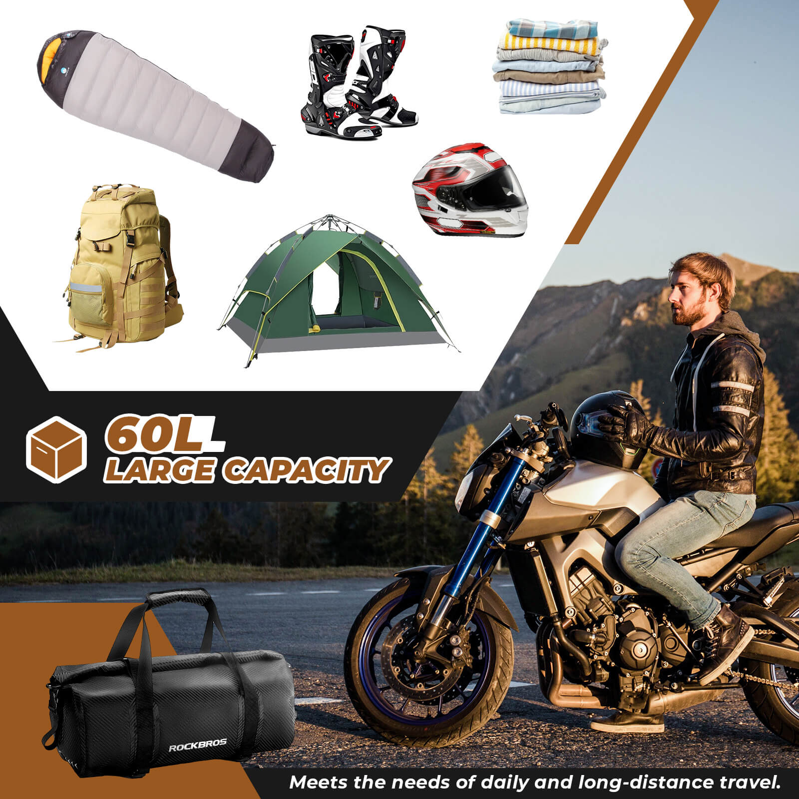 ROCKBROS waterproof motorcycle tail bag for rear seat storage.
#size_60L 73*32*52cm