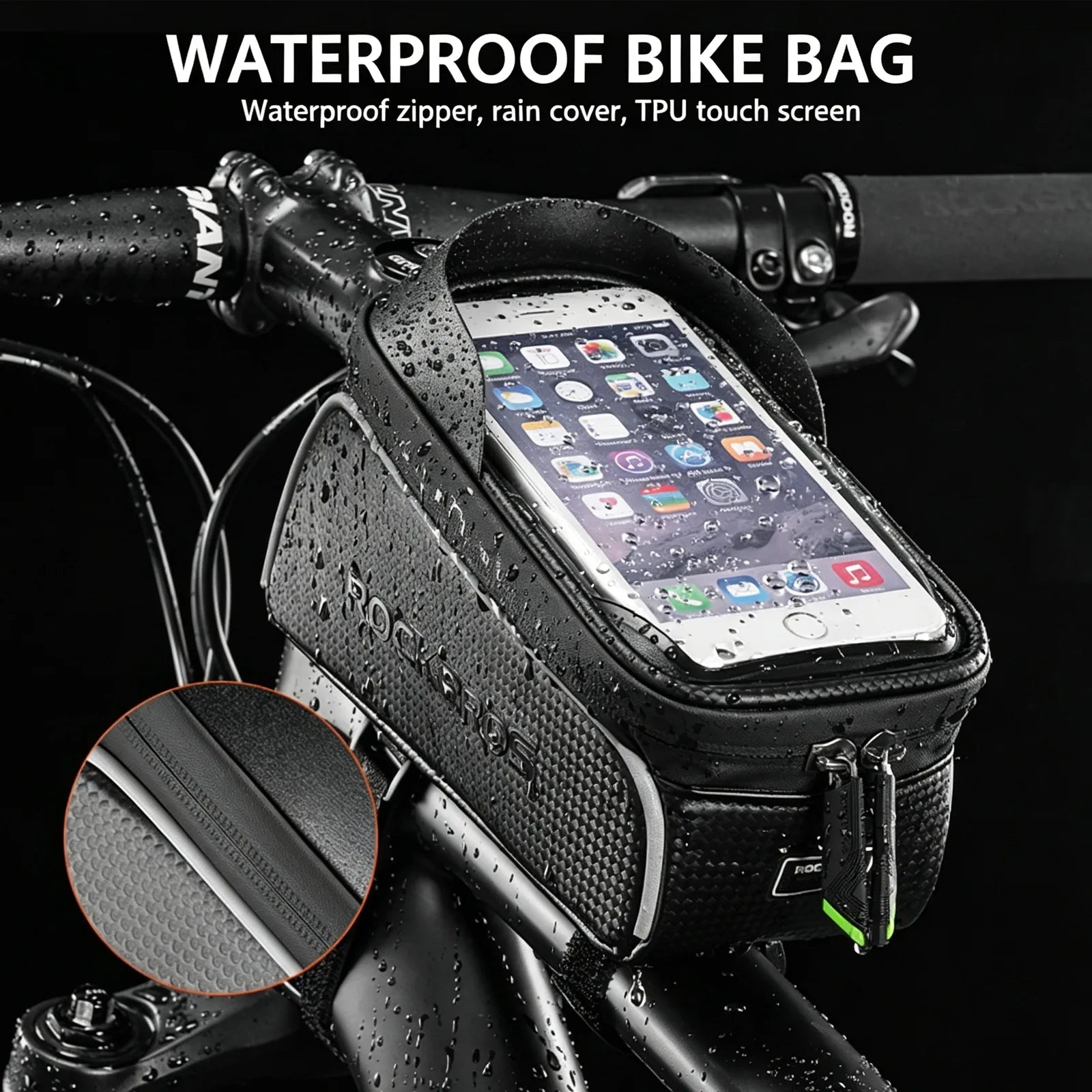 ROCKBROS waterproof bike frame bag in black mounted on top tube, holding a 6.5-inch smartphone.