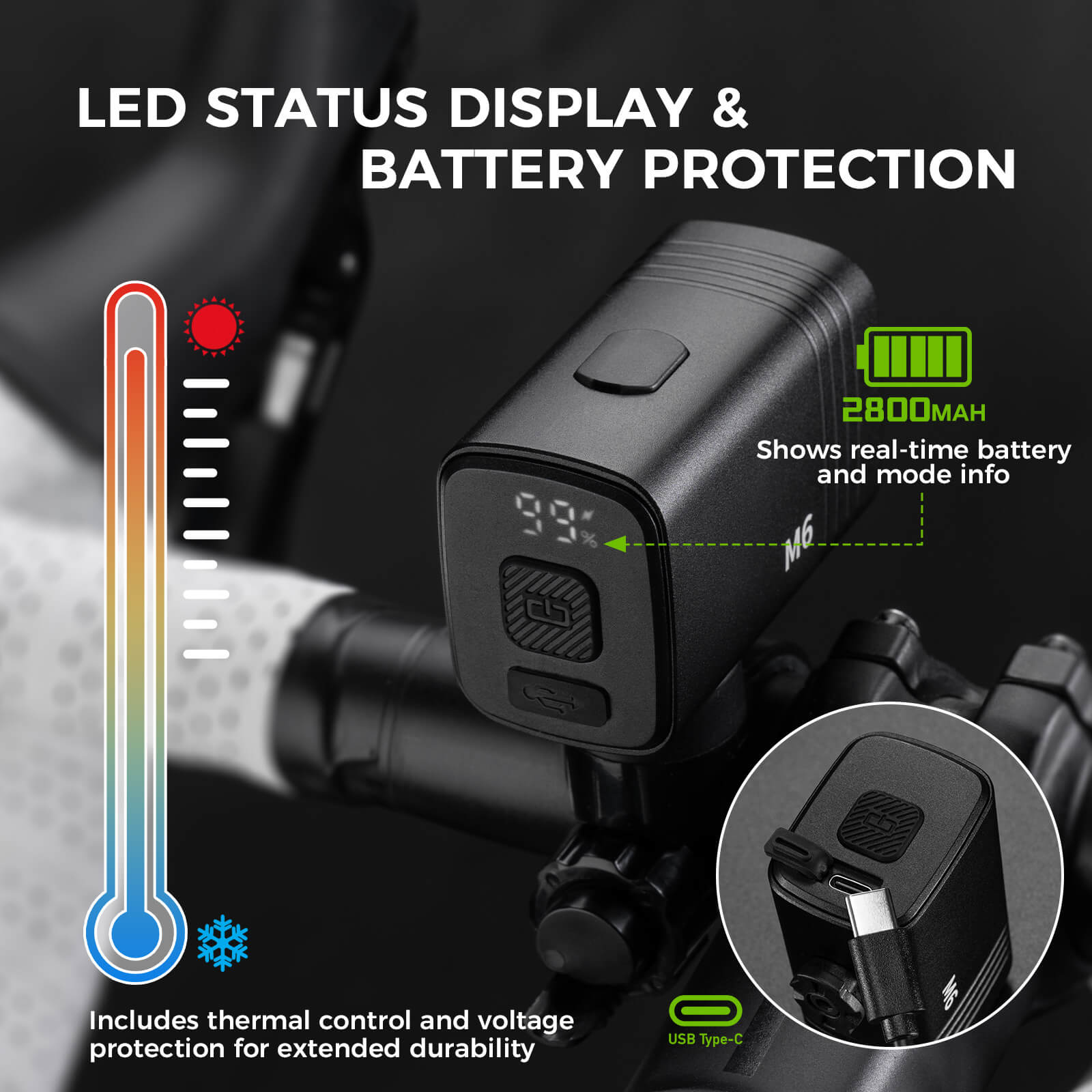 rockbros hanging front bicycle light M6 with high-capacity battery.
#color_black