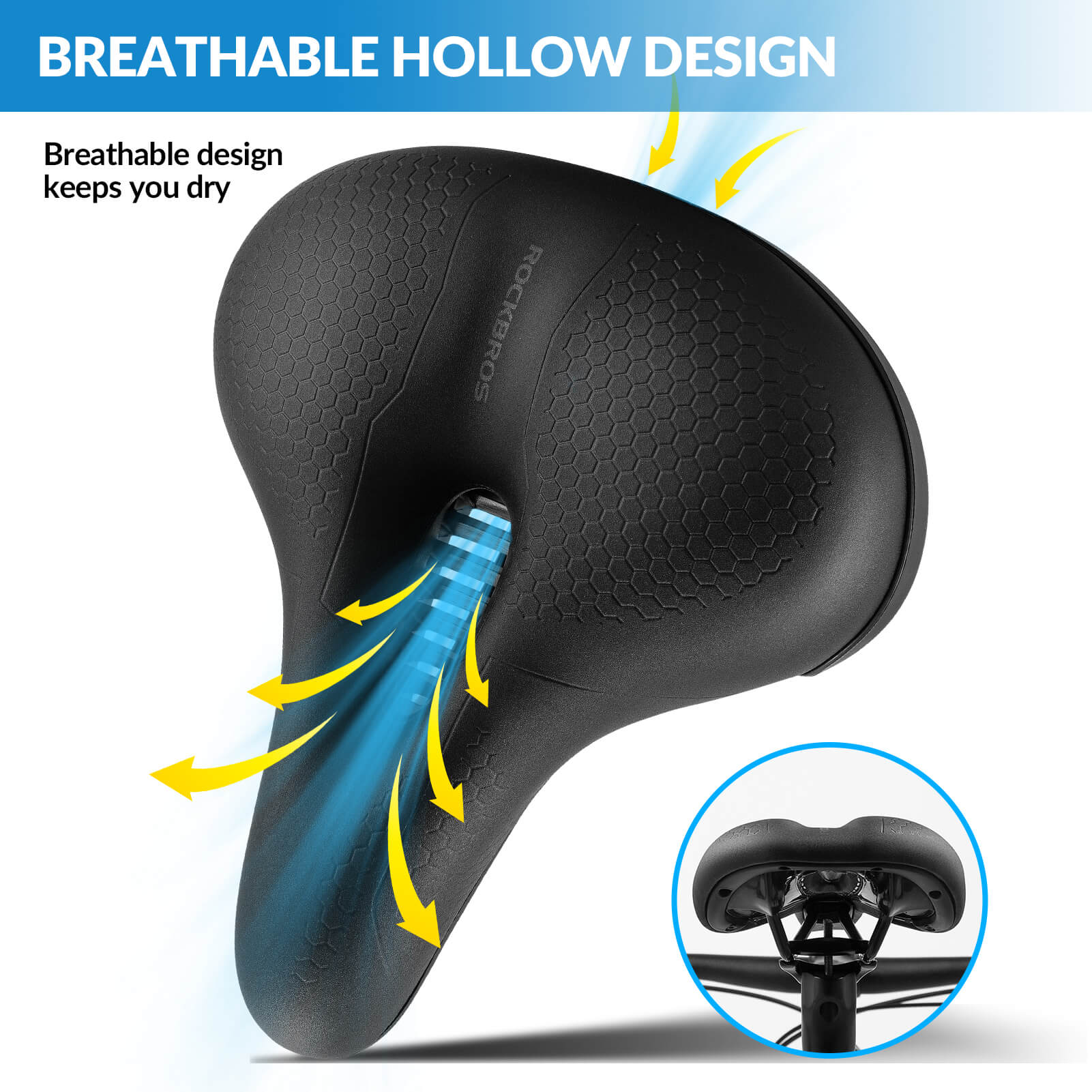 ROCKBROS waterproof hollow bike saddle for mountain biking comfort.
#size_large