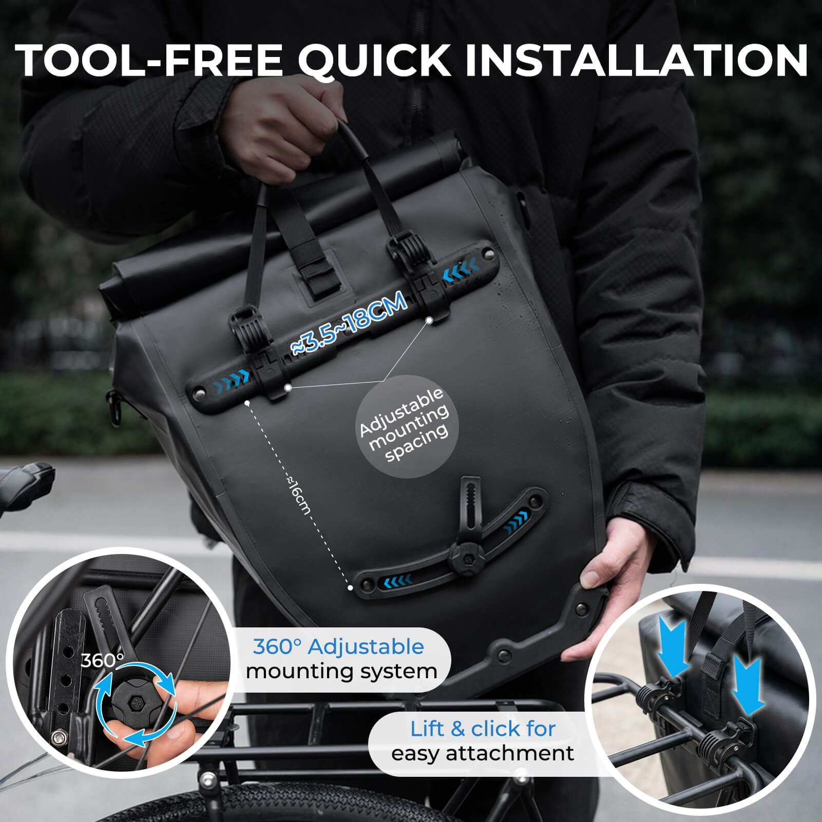rockbros waterproof bike pannier bag 20l in black
 #Color_Black