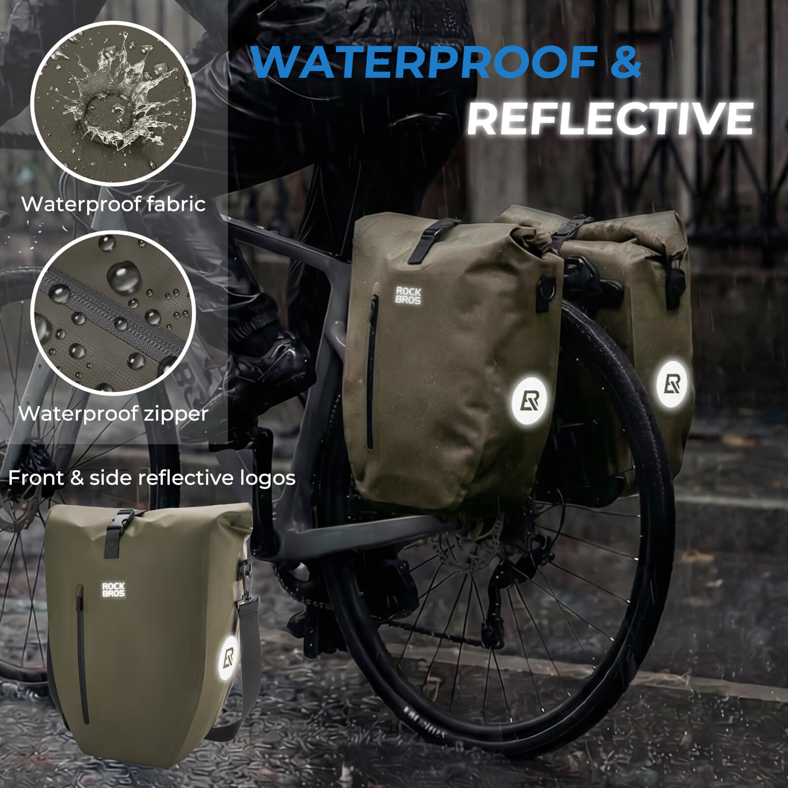 rockbros waterproof bike pannier bag 20l in green 
#Color_Army green