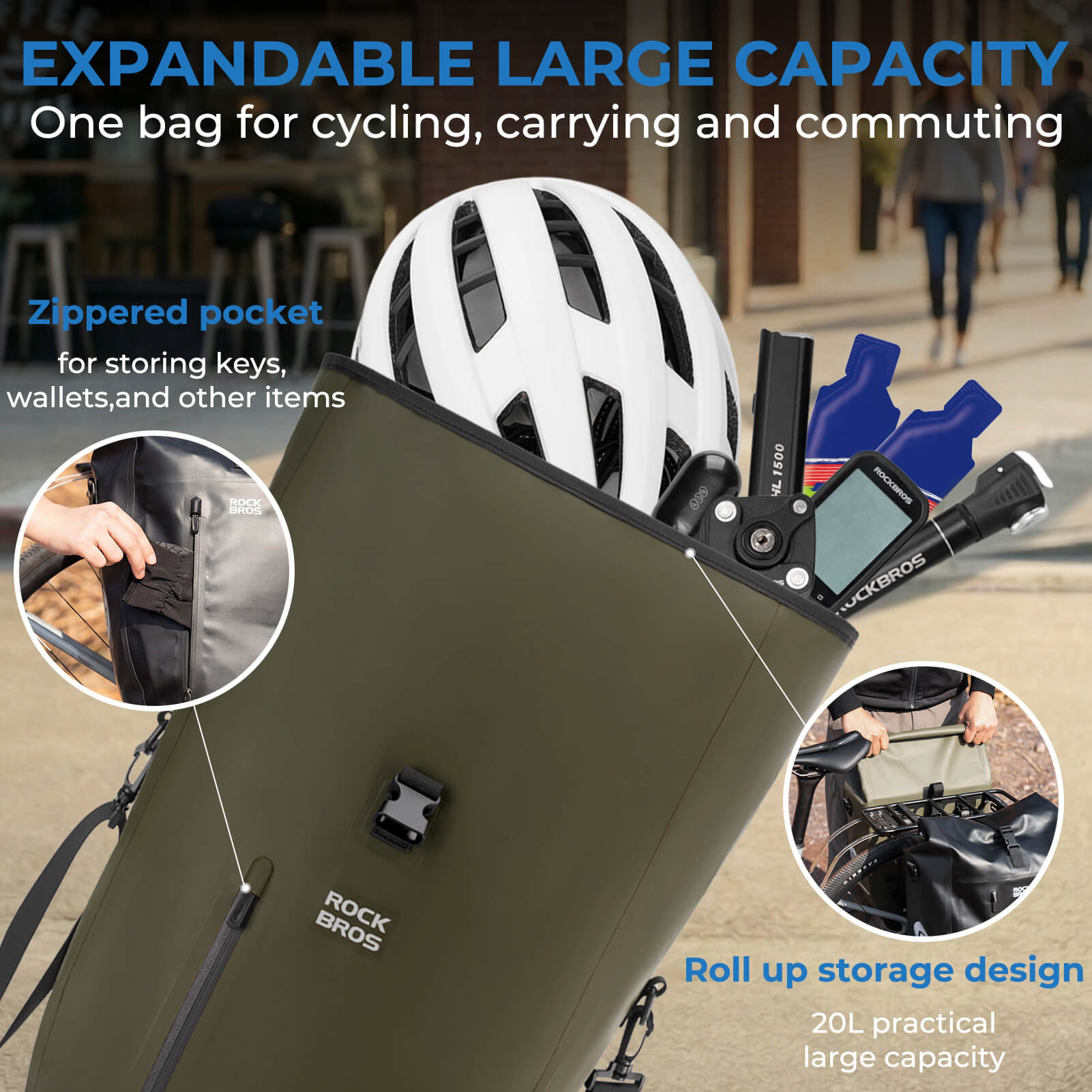 rockbros waterproof bike pannier bag 20l in green 
#Color_Army green