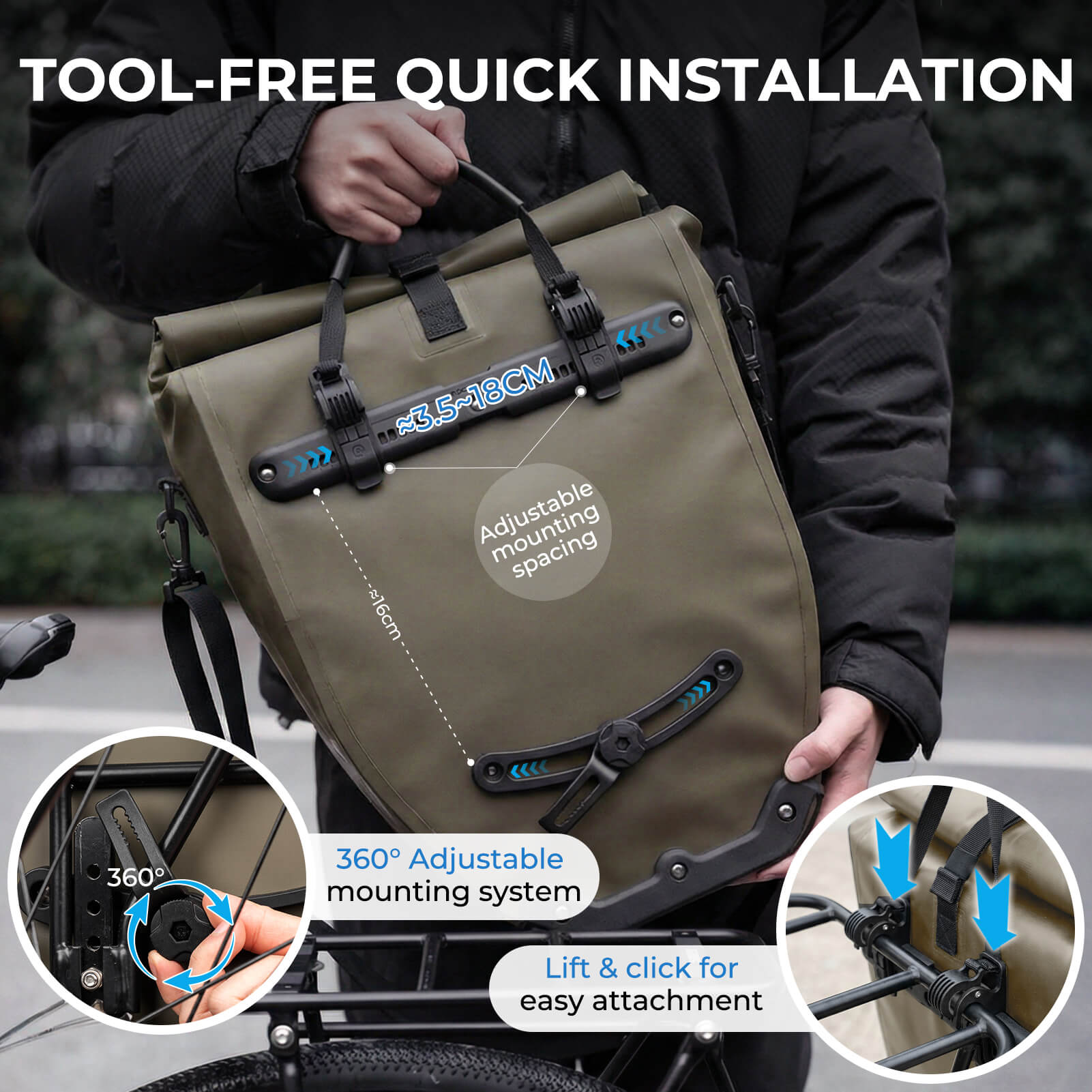 rockbros waterproof bike pannier bag 20l in green 
#Color_Army green